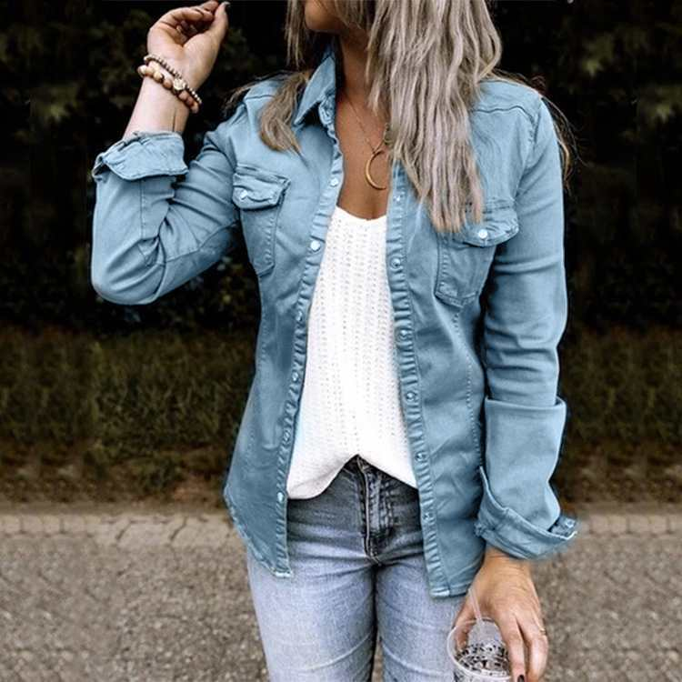 Langärmlige Jeanskleidung für Damen, mittellanges neues Jeanshemd für Damen_voghion.com