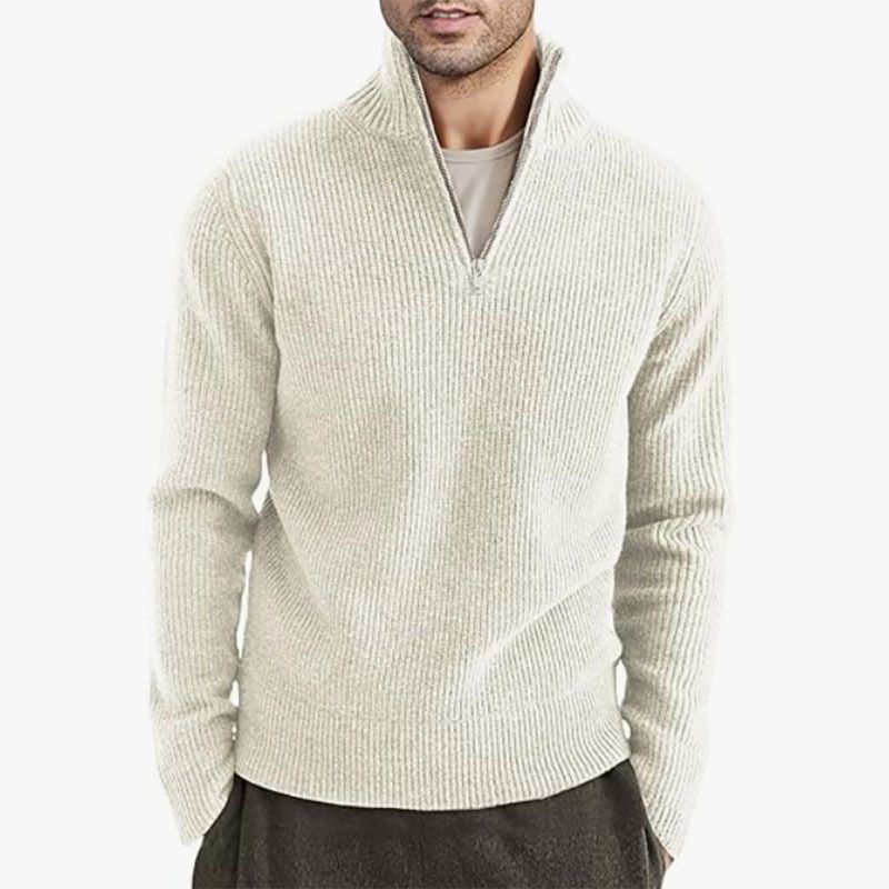 Suéter masculino de malha de inverno com gola de meio zíper - Pulôver grosso e quente, corte slim, lavável à máquina (cáqui/branco/cinza/preto/marrom)_voghion.com
