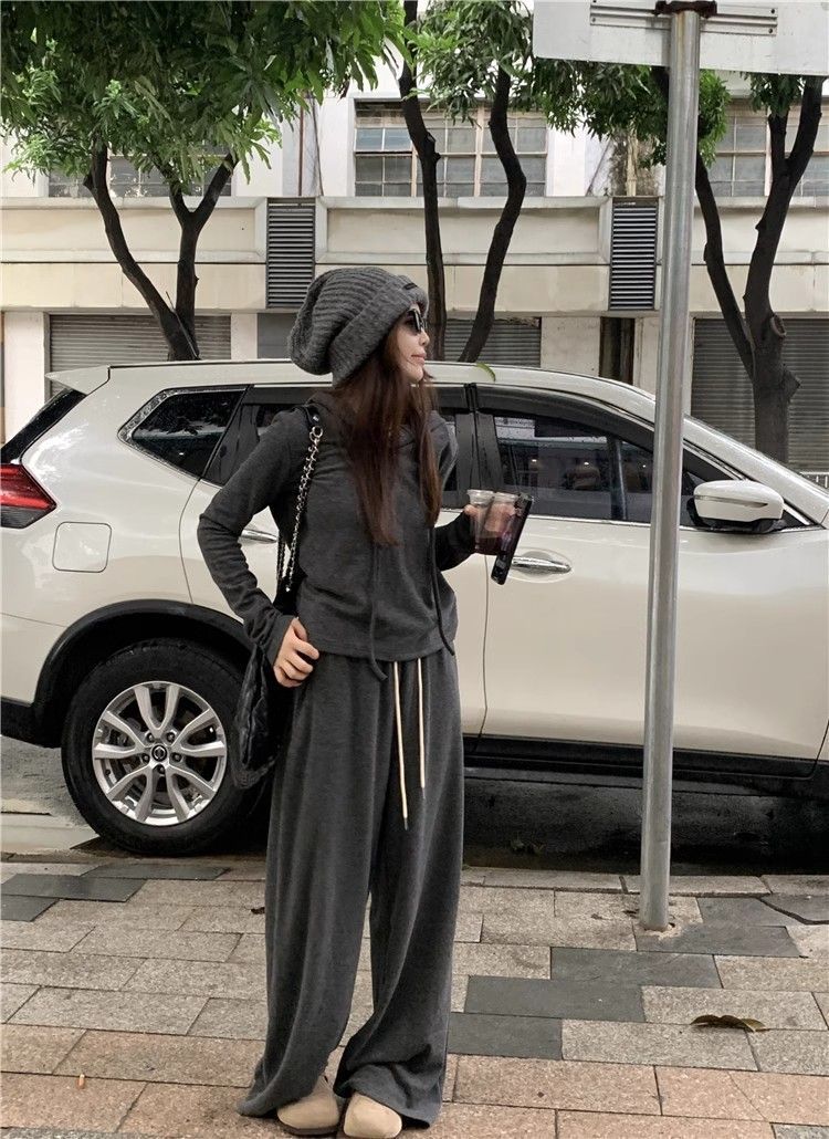 001 Casual Sports Suit For Women, Autumn New Loose Lazy Style, Youthful Fashionable Top And Wide-Leg Pants Two-Piece Set_voghion.com