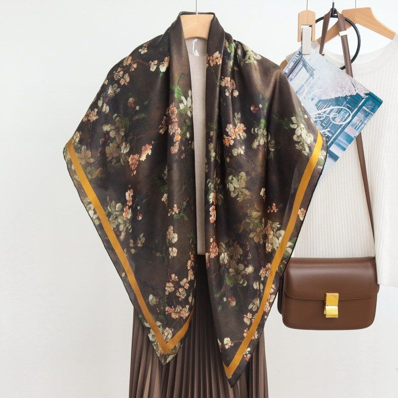 Elegante sciarpa quadrata in seta di gelso da donna, stile retrò cinese, con fiori di albicocca e pittura a olio, primavera e autunno, 110 cm_voghion.com