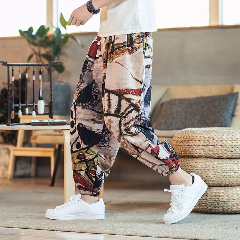 Suitable For All Seasons Nepalese Floral For Men Chinese Style Linen Nine-Point Plus Size Loose Casual Lantern Wide-Leg Harem Pants_voghion.com