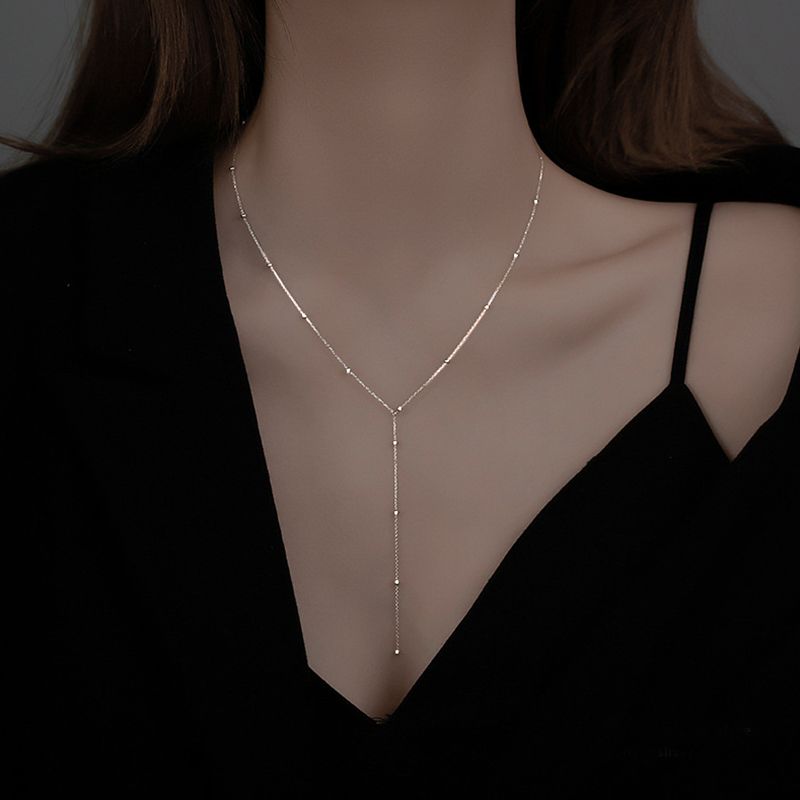 Colar feminino ANENJERY com contas de prata esterlina, corrente para clavícula, simples e longa, joia para festa_voghion.com