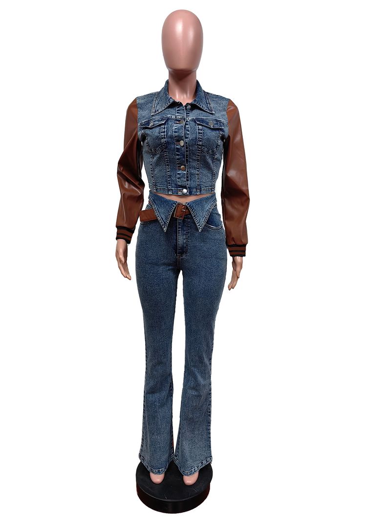 Dametøj Denim Suit Læder U Denim Stitching Stretch Bukser _voghion.com