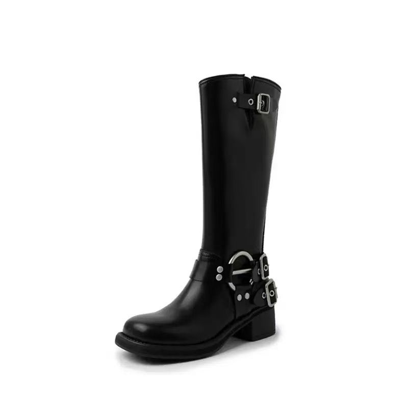 Cintura Miu Family con fibbia, tacco grosso, lunga, da donna, con punta quadrata, slip-on, stile motociclista, marrone, stile western da cowboy_voghion.com
