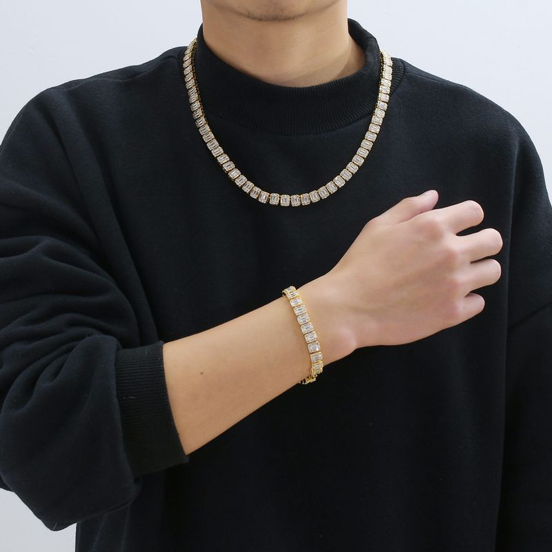 Herrenschmuckset FashionHip Hop Step Square Zirkon Hip Hop Armband Herrenmodetrend Hiphop Quadratisches und rundes Zirkon Mixed Inlay Armband_voghion.com
