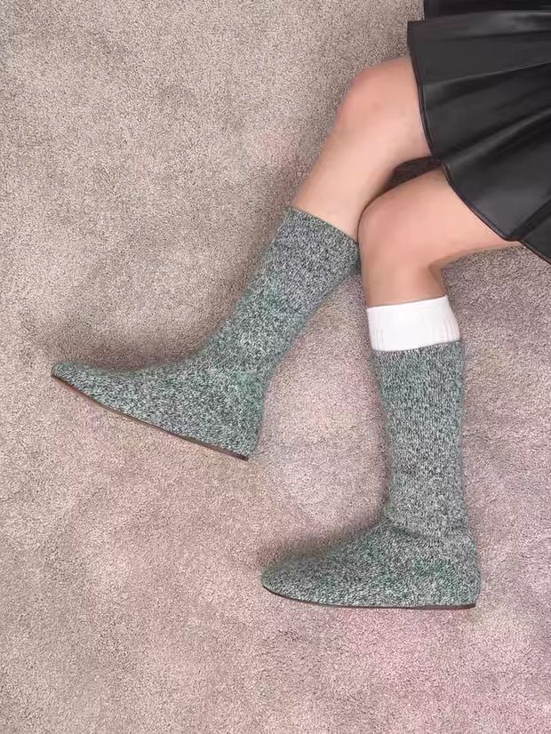 Zees 2025 European Station Autunno Inverno Nuovo Piatto Dimagrante Metà Polpaccio Maglia Elasticizzata Corta Donna Sottile Stivali Calzino Trendy_voghion.com