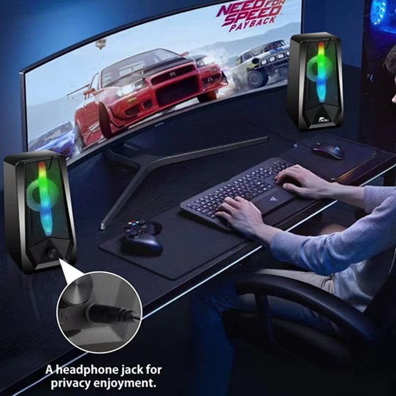X2USB Desktop 3,5 MM Audio Jack 2,0 Kabelgebundene Steuerung RGB Farbe Mini Computer Lautsprecher Mit Licht_voghion.com
