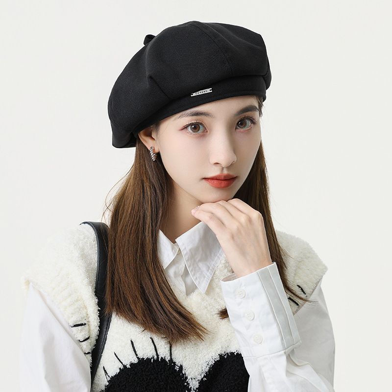 Korean Style Autumn Winter Woolen Metal Label Beret Women Octagonal Big Head Circumference Make Your Face Look Smaller_voghion.com