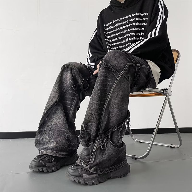 Pantaloni de cerat negru spălat, de înaltă calitate, în stil american, stil high street, ușor evazați, blugi, pantaloni periați, pentru bărbați_voghion.com
