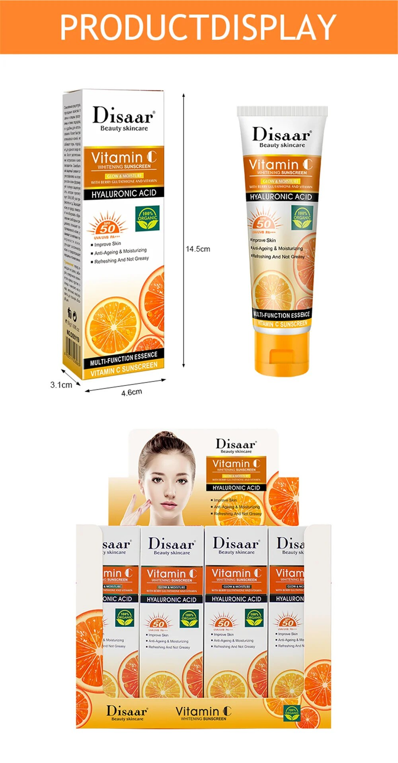 QLZHANFU Disaar VC SPF 50 Sonnenschutz, lang anhaltender UV-Schutz, aufhellender Sonnenblocker, Vitamin C, feuchtigkeitsspendende Hautschutzcreme, 50 g_voghion.com