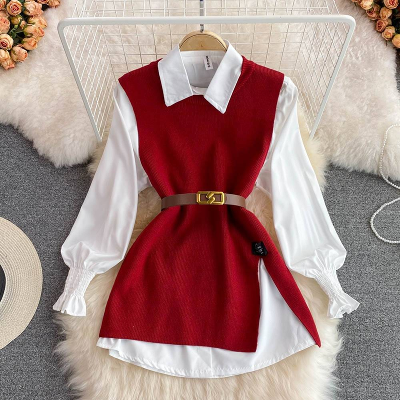Ensemble deux pièces pour femme, gilet ample à fente couvrant la chair, pull superposé_voghion.com