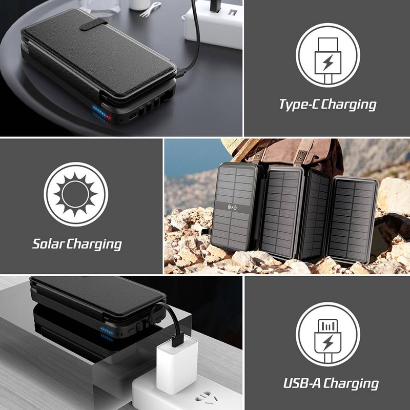 Napelemes külső akkumulátor beépített kábellel - 20000mAh vízálló és vezeték nélküli töltés, többfunkciós kültéri hordozható töltő_voghion.com
