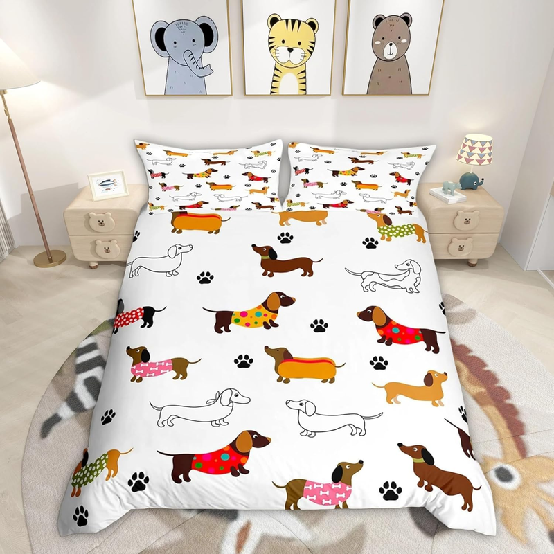 Cute Sausage Dog Duvet Cover Set Double Size For Kids Boys Girls Teens Dachshund Puppy Dog Bedding Set Cartoon Animals Comforter Cover With _voghion.com