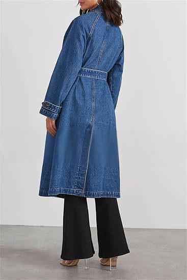 Women's Clothing Vintage Denim Duster Coat For Women – Oversized Button-Up Long Jacket Double Pockets Distressed Patchwork Design Casual Elegant Style_voghion.com