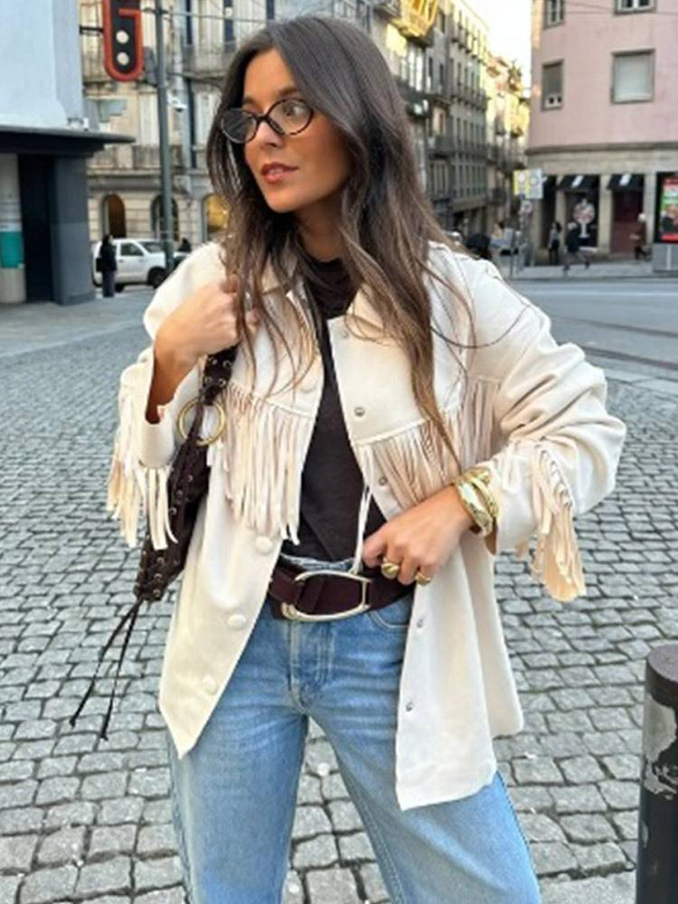 Bohemian Quasten-Wildlederjacke für Damen – Vintage-Mantel mit Fransenrevers (Weiß, S-L)_voghion.com