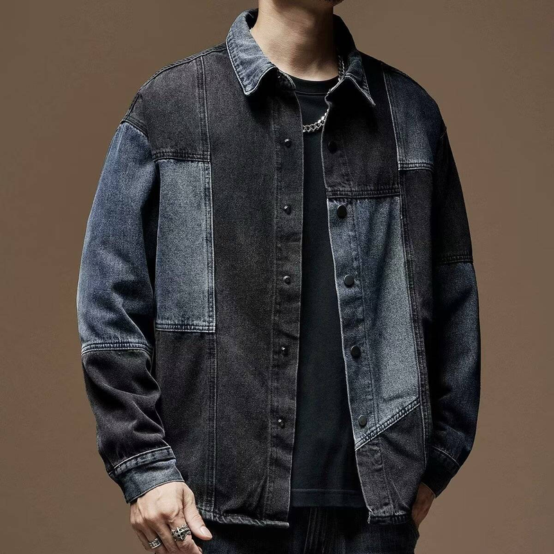 Camicia in denim vintage lavato da uomo, giacca casual a maniche lunghe effetto consumato con blocchi di colore, camicia oversize retrò dalla vestibilità ampia per primavera e autunno_voghion.com