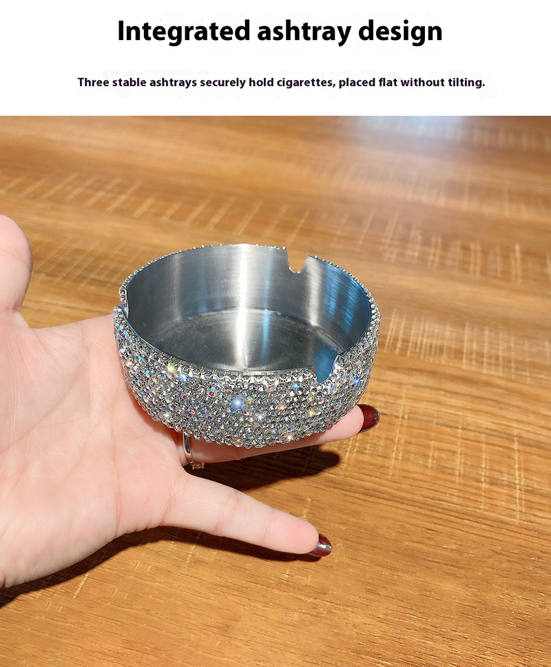 Luxury Stainless Steel Ashtray With Crystal Accents – Modern Office & Home Decor (Elegant Diamond-Cut Design, Smokeless Ash Catcher)_voghion.com