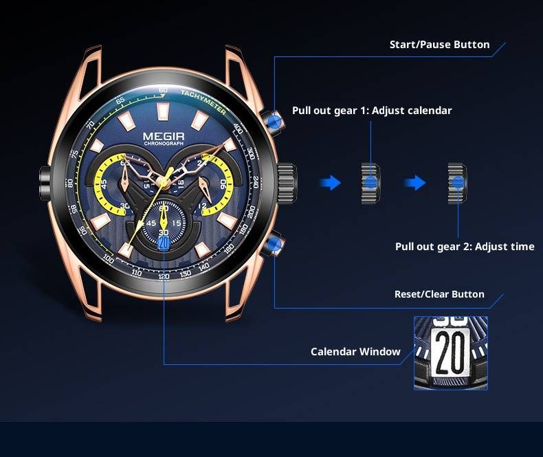 Orologio cronografo da uomo autentico con triplo quadrante, lancette luminose, datario e resistenza all'acqua fino a 30 m - Cinturino in pelle di alta qualità_voghion.com