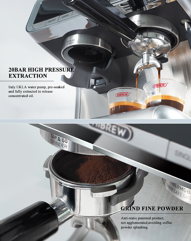 Moulin à café semi-automatique PSH7B-EU avec système à double chaudière (20 bars) - Marteau de broyage de 58 mm, réglage de la mouture sur 30 grains, réservoir à grains de 250 g, extraction double tasse_voghion.com