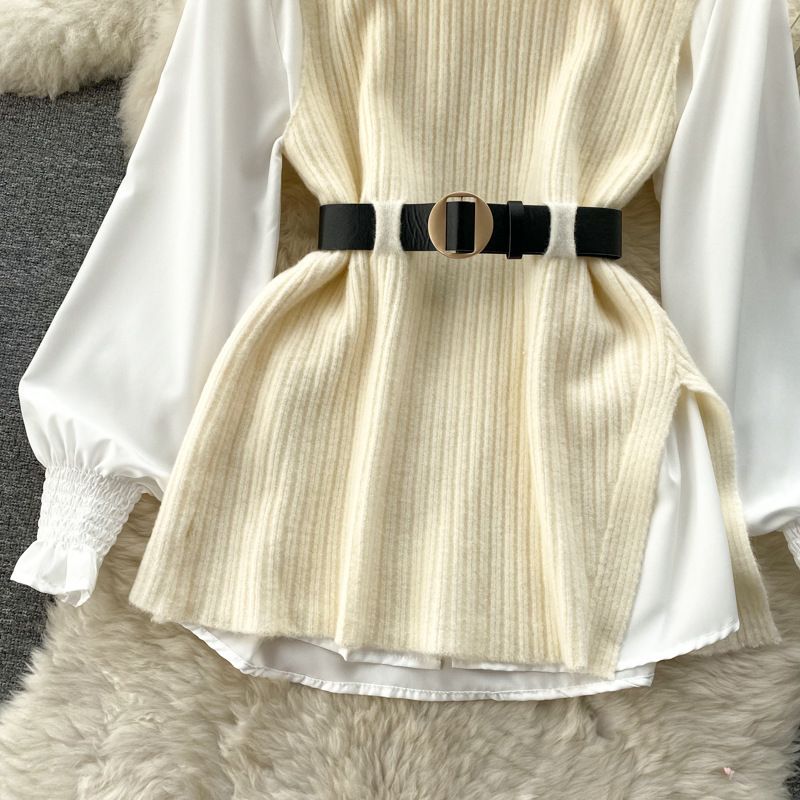 Damen Slim Fit Strickweste & Hemd Zweiteiliges Set - Herbst Winter Bürokleidung Ärmelloser Pulloveranzug für Damen (Khaki/Rosenrot/Weiß/Marineblau)_voghion.com