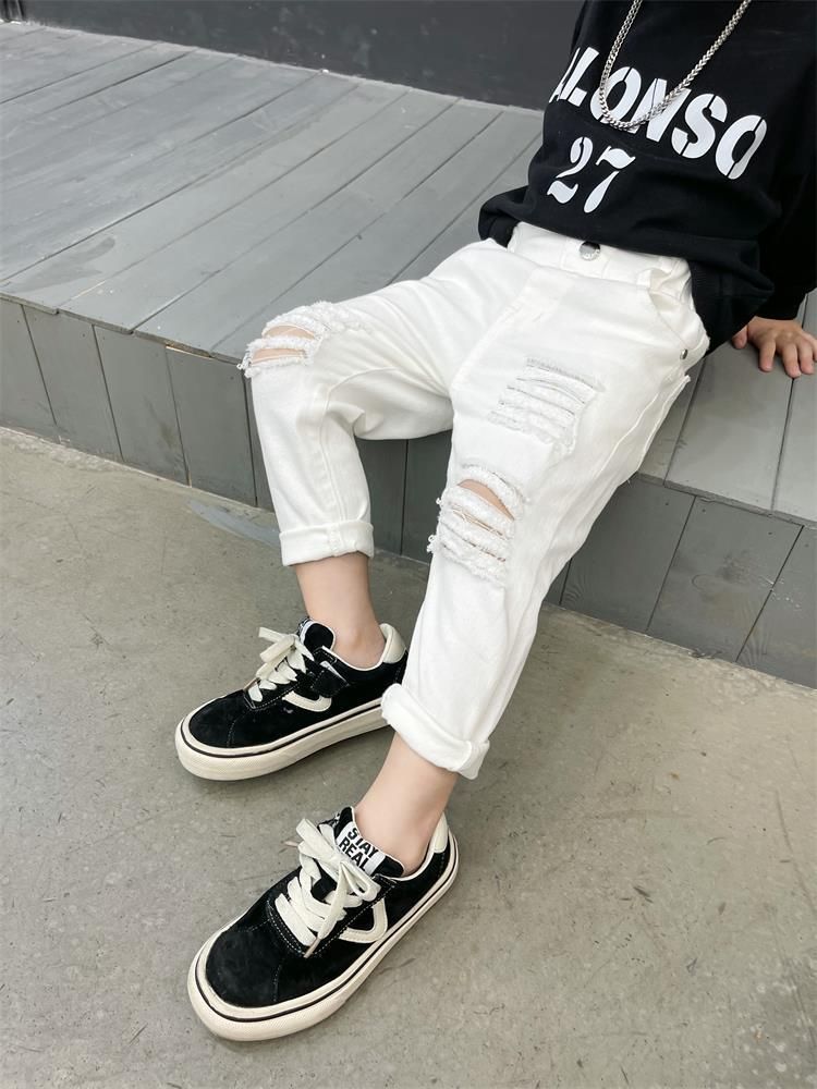 Kid's Clothing Children's pants new black and white trousers baby wear slim fit hole style trendy pants stretch cotton jeans_voghion.com