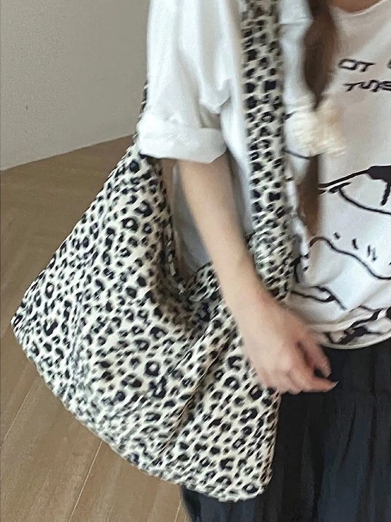 Women’s Bags Bag Same Style Leopard Print Canvas Bag Large Capacity Shoulder Bag Corduroy Shopping Bag Ins Style Star Model_voghion.com