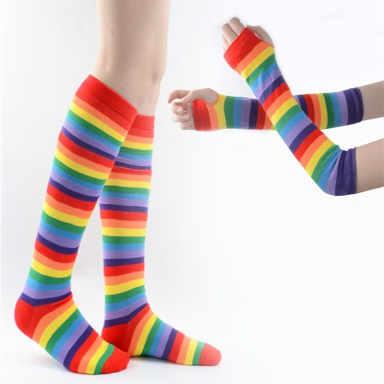 Calzini da donna in maglia di cotone caldo a metà polpaccio, extra lunghi, modello arcobaleno, autunno inverno 2025d_voghion.com