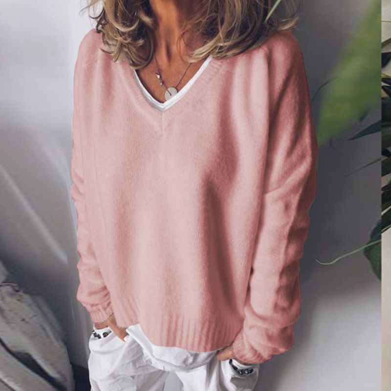 Pull ample à col en v tissé simple pour femme, couleur unie, haut chaud_voghion.com