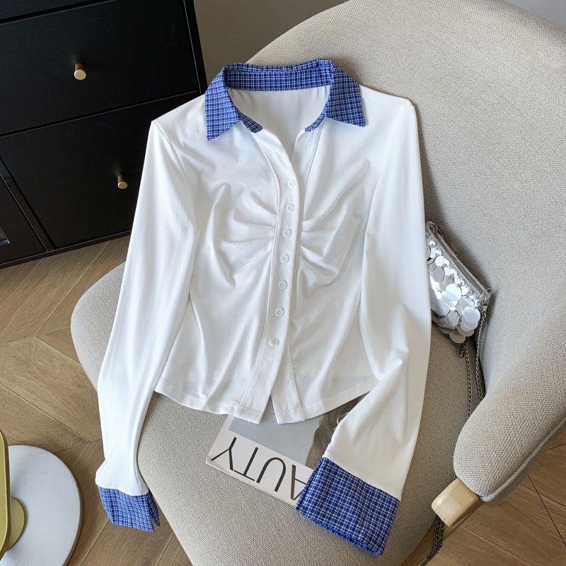Maglietta a maniche lunghe con colletto polo da donna, nuova primavera, versatile, a quadri con pieghe e colori a contrasto_voghion.com