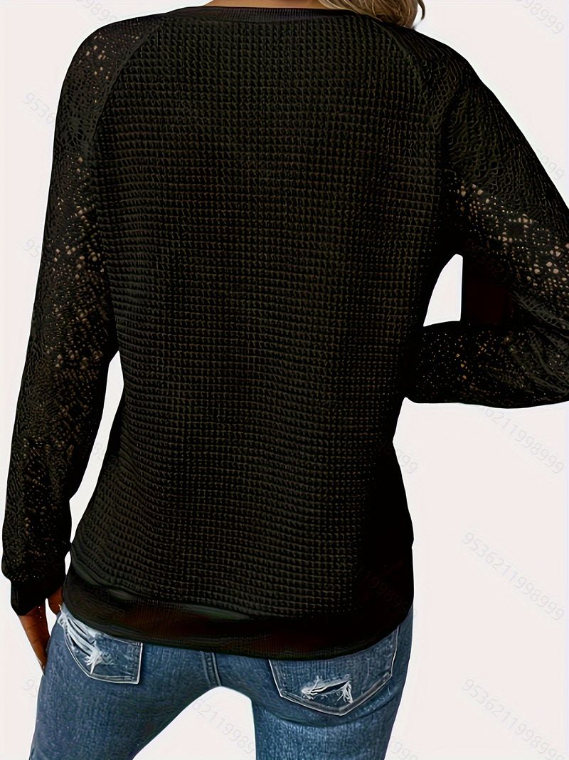2025 Nuova maglietta casual da donna a maniche lunghe in pizzo tinta unita con scollo rotondo e cavo_voghion.com