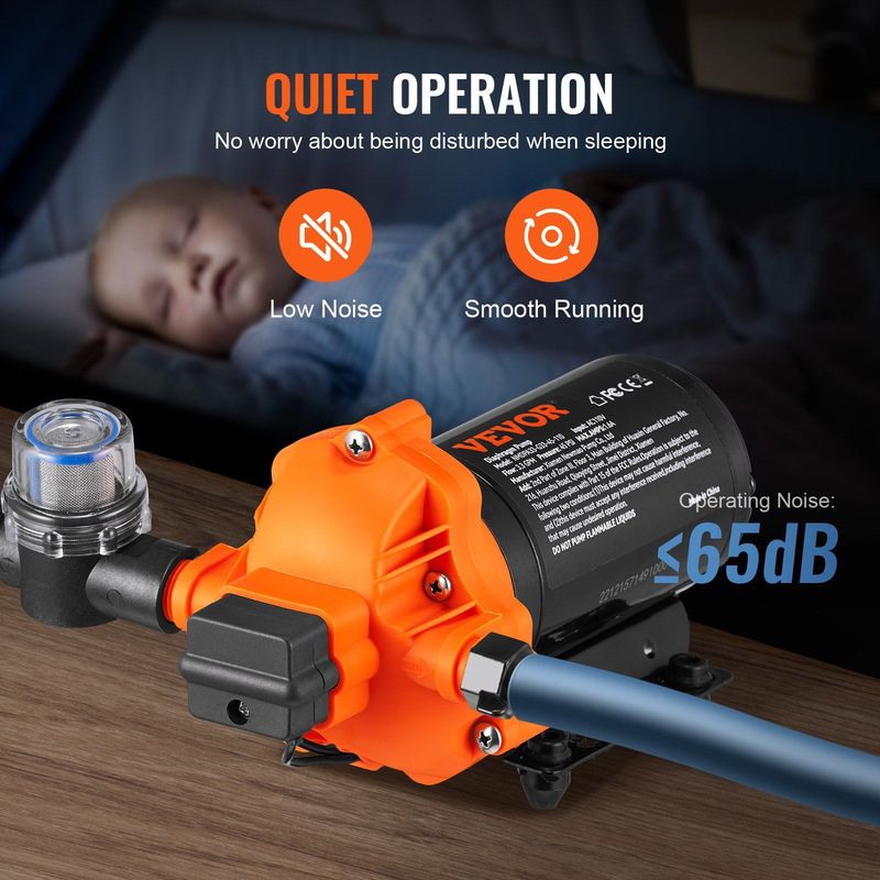 VEVOR Water Diaphragm Pump, 110V AC, 3.3 GPM Flow, 45 PSI Rated Pressure (40-80 PSI Adjustable), 1/2" MNPT Self Priming Sprayer Pump With Pressure Switch For RV Camper Marine Boat Lawn, FCC Certified_voghion.com