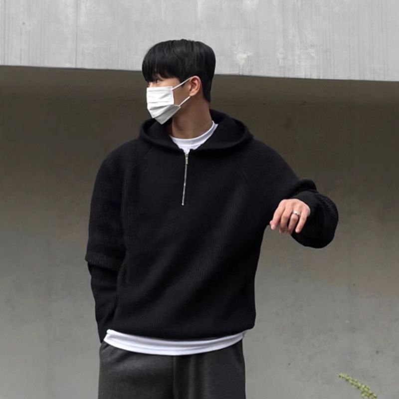 Autumn Hoodie Men's Half Zip Hooded Sweater Thick Knit Sweater Jacket_voghion.com