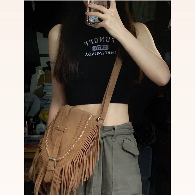 Nuova borsa a tracolla in pelle scamosciata con nappa per donna, colore cachi, tendenza versatile in stile etnico 2024_voghion.com