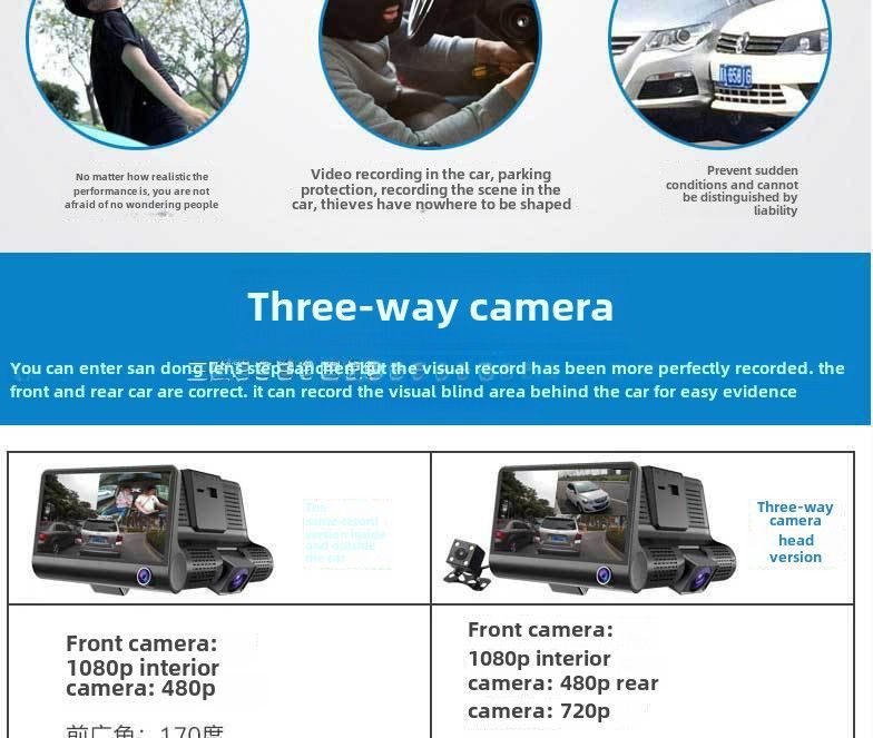 Drei-Wege-Fahrtenrekorder mit drei Objektiven. Gleichzeitig nimmt das vorausfahrende Auto hochauflösende Weitwinkel-Rückfahrbilder mit Nachtsicht auf._voghion.com