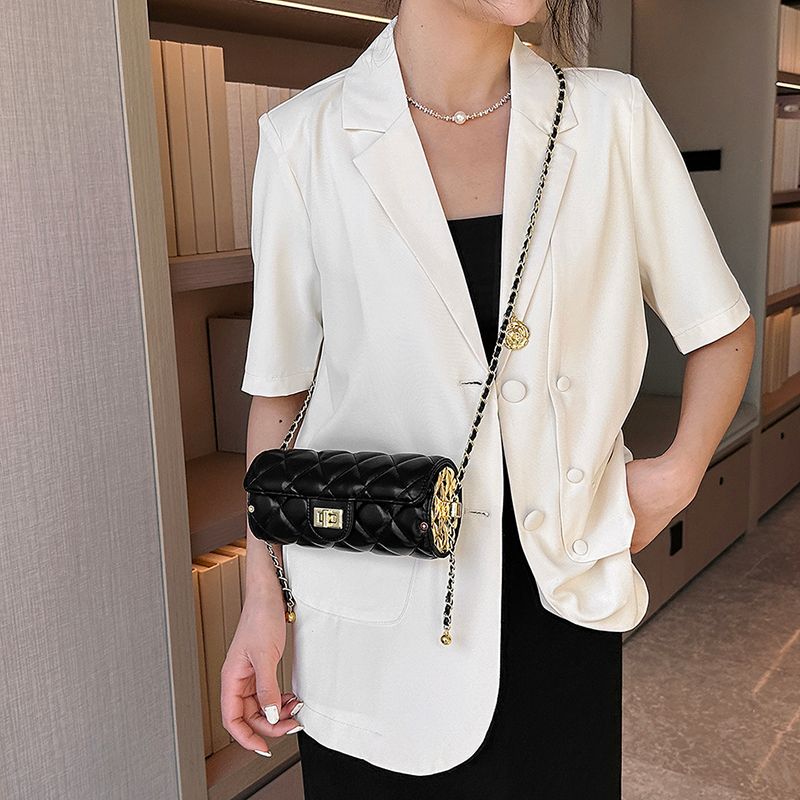 Borsa a tracolla monospalla con catena a cilindro con reticolo geometrico, borsa per cellulare, alla moda e versatile_voghion.com