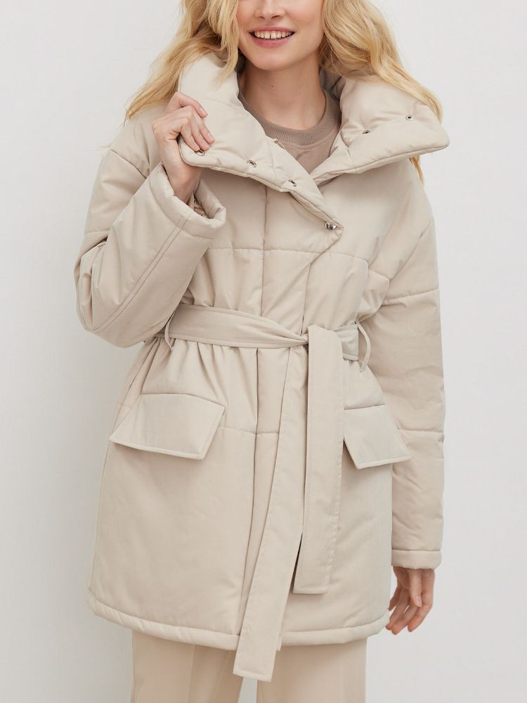Roupas femininas gola alta algodão jaqueta inverno temperamento comutando moda quente à prova de vento gola alta com cinto algodão jaqueta_voghion.com