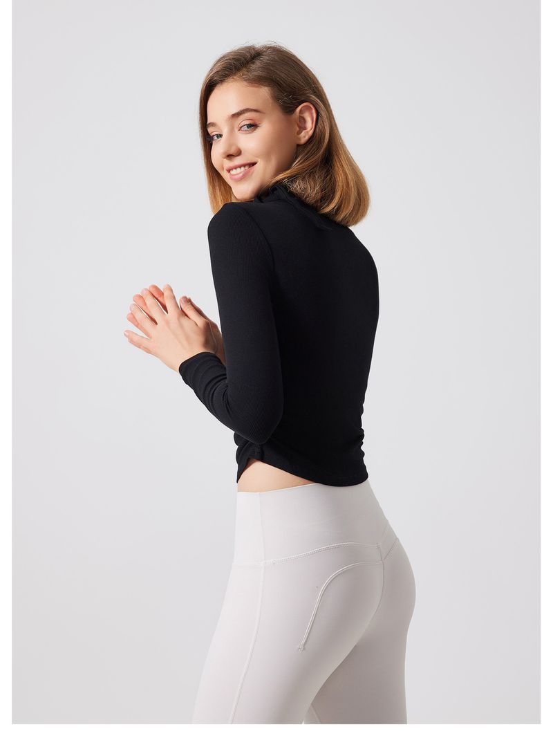 Maglia da yoga a collo alto a coste autunno-inverno, maglia sportiva aderente a maniche lunghe da donna, maglietta da corsa, allenamento e_voghion.com