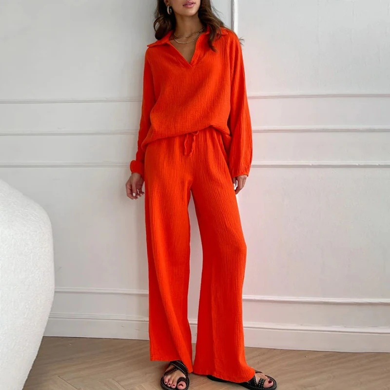 Top a maniche lunghe moda donna + pantaloni con coulisse set set in due pezzi con risvolto primaverile e autunnale_voghion.com