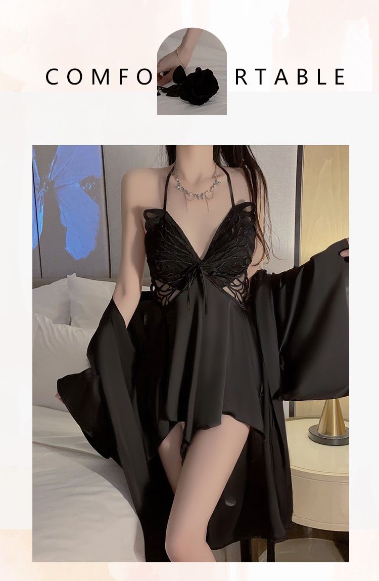 Ice Silk Plus Size Pajama Set, With Chest Cushion For Super Comfort, Bow Tie Nightgown And Outer Robe Showcasing Fashionable Charm_voghion.com