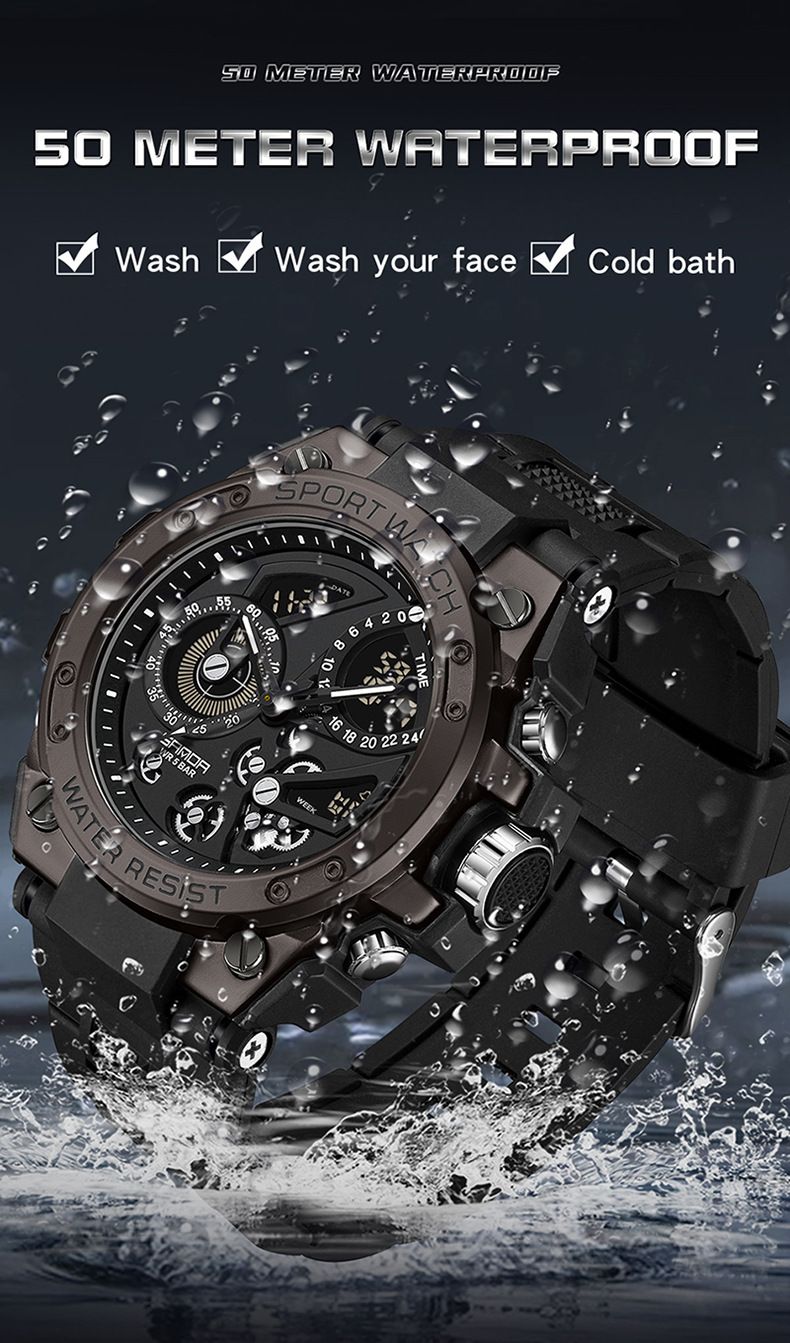 Men's Sport Watch With Dual Display, Alarm, Waterproof, LED Backlight, Stopwatch, And Day/Date Function - Stylish Round Dial For Active Lifestyles_voghion.com