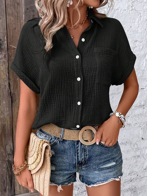 Camicie da donna, tinta unita, casual, con maniche a pipistrello e bottoni_voghion.com