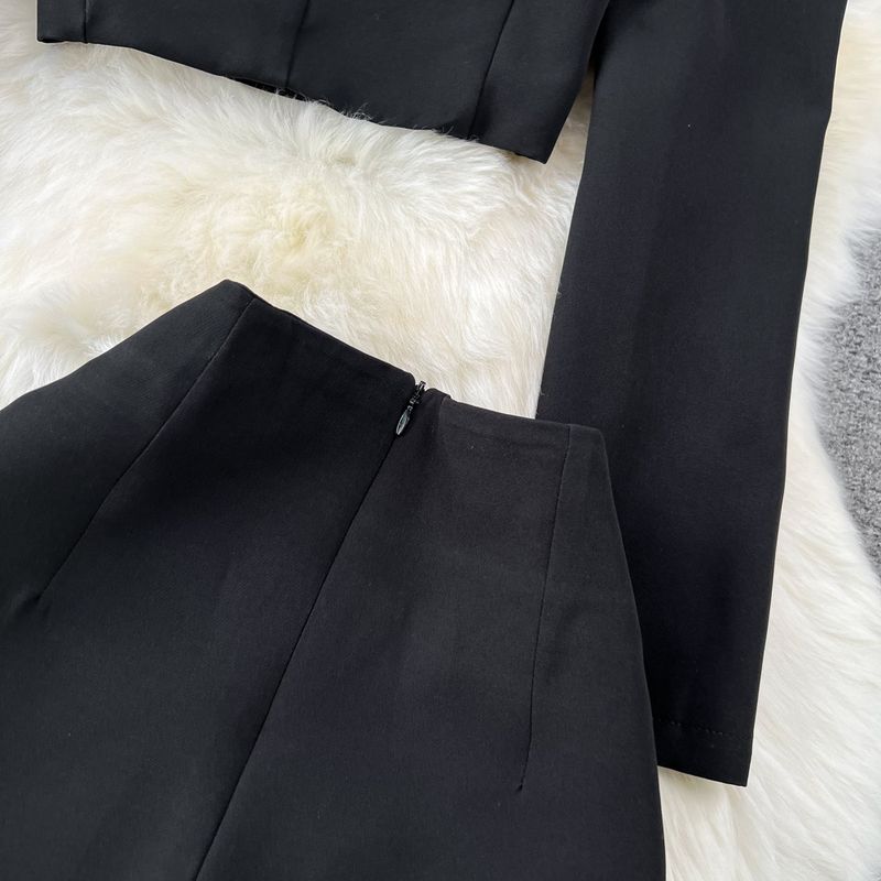 Women's Fashion Set Slim Fit Long Sleeve Short Blazer & High Waist Slit Pencil Skirt Autumn Outfit (Black, S/M/L/Xl)_voghion.com