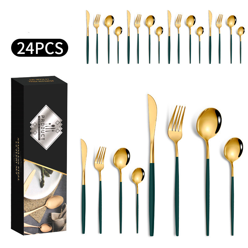 Western-Steakmesser, Gabel und Löffel aus Edelstahl, Gold, 24-teiliges Set_voghion.com