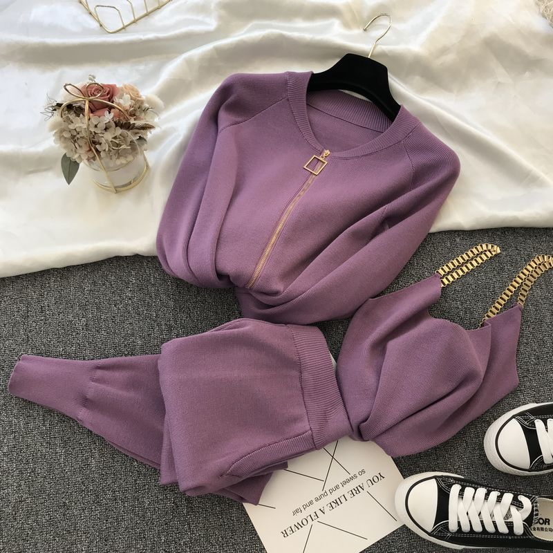 Dammekleedung modesch gestréckte V-Hals Pullover + Casual Hosen Zwee-Stéck Set_voghion.com