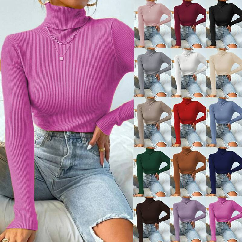 2024 Autumn Winter Women Long Sleeve Knitted Foldover Turtleneck Ribbed Pull Sweater Soft Warm Femme Jumper Pullover Clothes_voghion.com