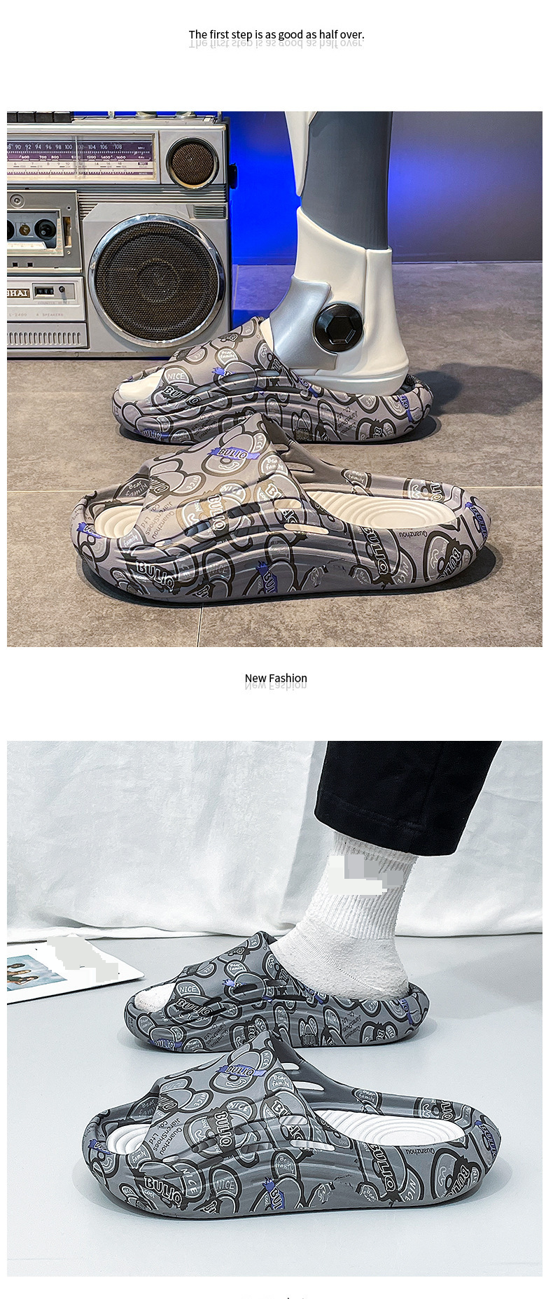 Trendy Outdoor-Slides – Dick gepolsterte, rutschfeste und geruchsabweisende Sandalen mit Wolkenschaumstoff und modischem Aufdruck für Strand/Fitnessstudio_voghion.com