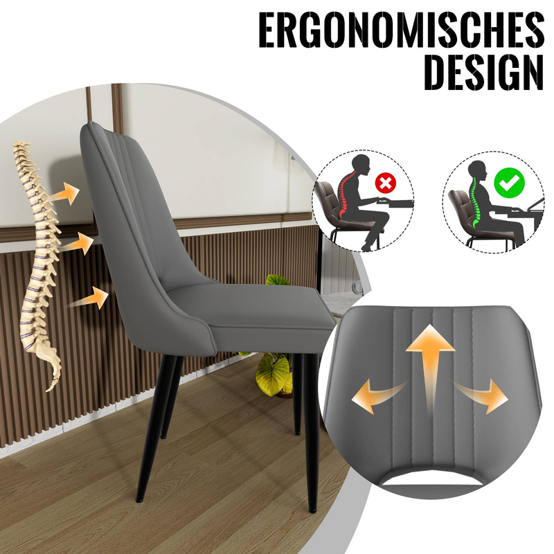 8er-Set moderne Esszimmerstühle – PU-Lederpolsterung mit hoher Rückenlehne, gekreuzte Metallbeine, dickes Kissen für Küche und Wohnzimmer, Grau_voghion.com