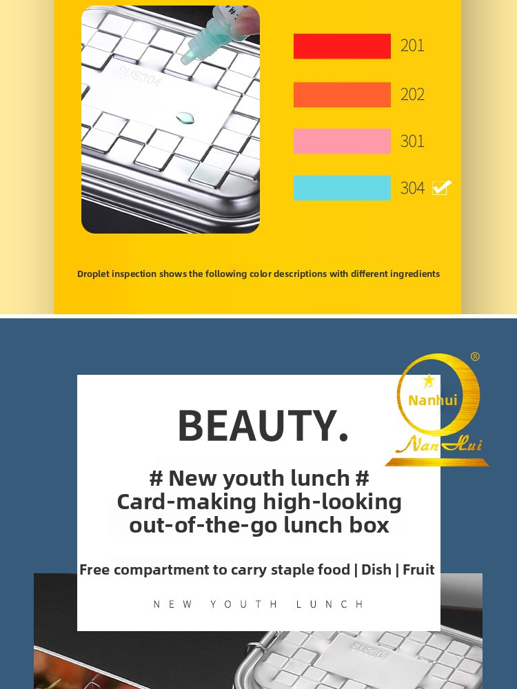 Bento Box in acciaio inossidabile - Contenitore per il pranzo a 3 scomparti, 304 per alimenti, a prova di perdite ed ecologico (quadrato, monostrato, 800-1000 ml, non adatto al microonde)_voghion.com