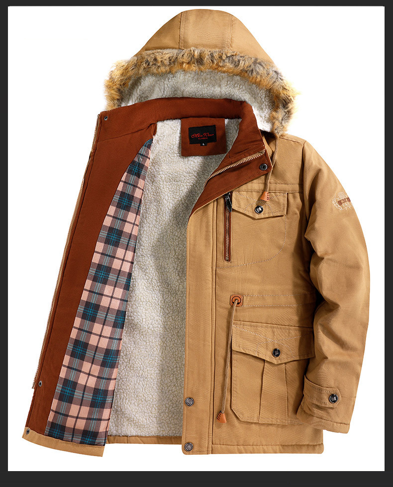 Jaqueta masculina com forro de lã e capuz - Casaco de inverno de comprimento médio, enchimento de poliéster quente, agasalho casual estiloso para homens (verde-exército, preto)_voghion.com
