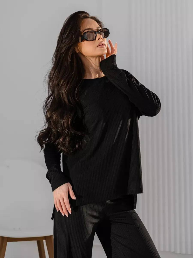 Ensemble de détente en tricot décontracté pour femme, haut à manches longues et pantalon large, tenue de détente confortable deux pièces, tissu extensible doux_voghion.com